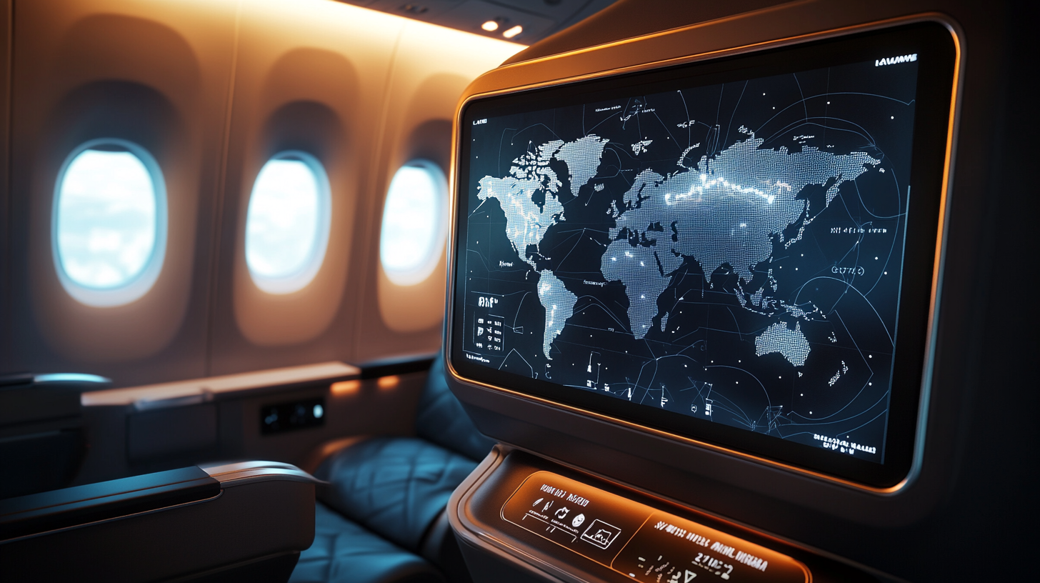 The image shows the interior of an airplane cabin with a focus on a seatback screen displaying a digital world map. The cabin has several windows, through which a bright sky is visible. The seating area appears to be spacious and modern, suggesting a premium class section.