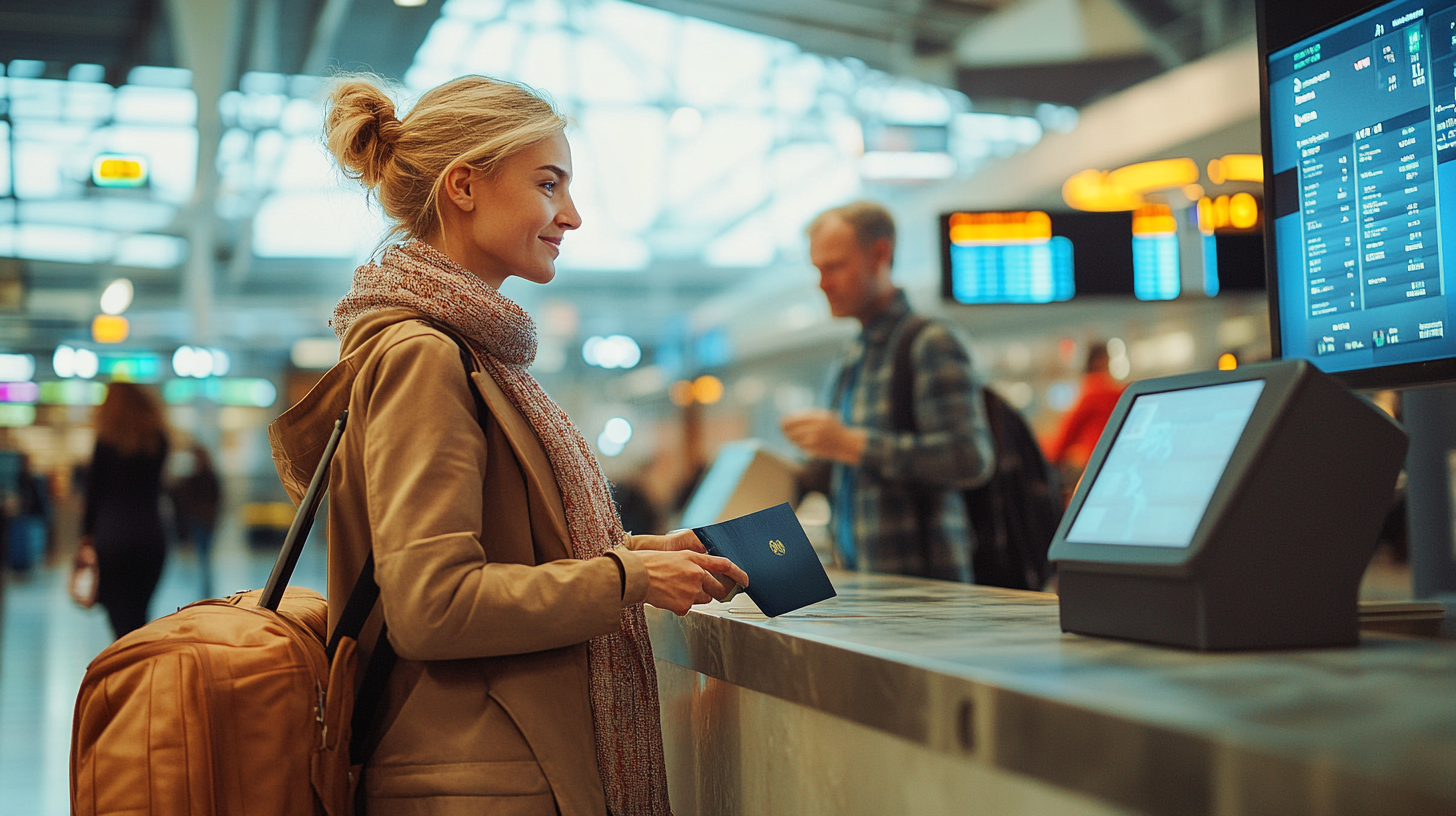A woman is standing at an airport check-in counter, holding a passport. She is wearing a scarf and a coat, with a backpack slung over her shoulder. In the background, a man is looking at his phone, and there are digital flight information boards displaying departure details. The setting is bright and modern, typical of an airport terminal.