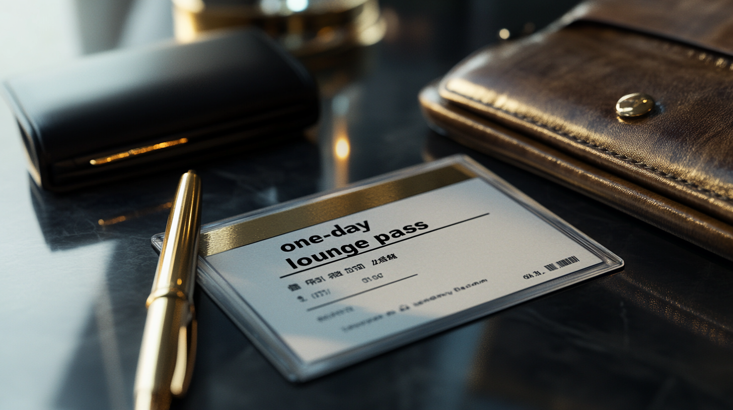 The image shows a close-up of a one-day lounge pass placed on a reflective surface. Nearby, there is a gold pen, a black wallet, and a brown leather item, possibly a bag or a folder. The setting appears to be elegant and professional.