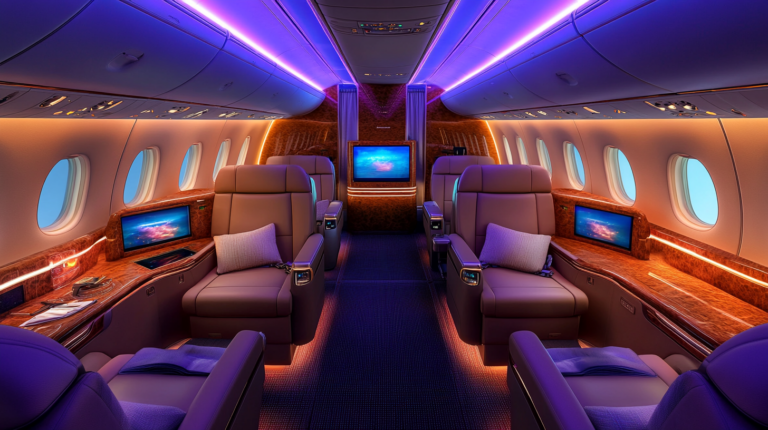 The image shows the luxurious interior of a private jet. The cabin features plush, spacious leather seats with pillows, arranged in a comfortable layout. There are large windows along the sides, and the lighting is ambient with a purple and orange glow. Each seat has access to a personal entertainment screen, and there are wooden accents and tables for added elegance. The overall atmosphere is opulent and modern.