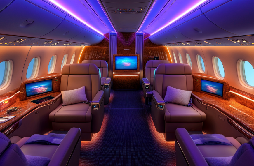 The image shows the luxurious interior of a private jet. The cabin features plush, spacious leather seats with pillows, arranged in a comfortable layout. There are large windows along the sides, and the lighting is ambient with a purple and orange glow. Each seat has access to a personal entertainment screen, and there are wooden accents and tables for added elegance. The overall atmosphere is opulent and modern.