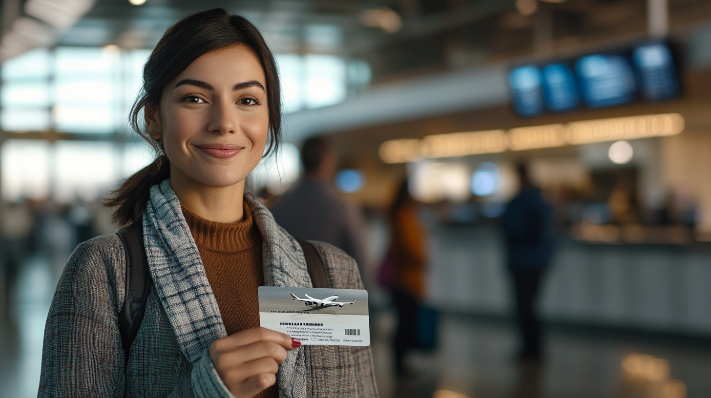 A woman is standing in an airport terminal, smiling and holding a boarding pass. She is wearing a plaid coat and a brown turtleneck sweater. The background shows a blurred view of other travelers and digital flight information displays.