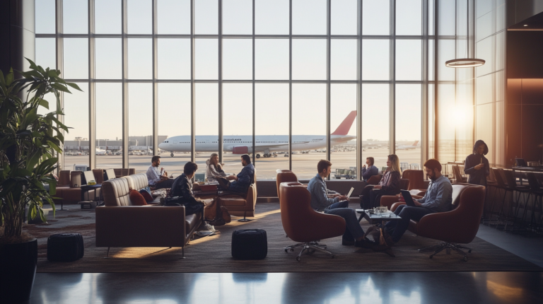 people sitting in a lounge area with a large window
