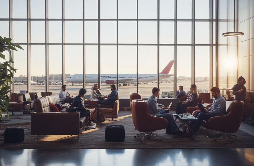 people sitting in a lounge area with a large window