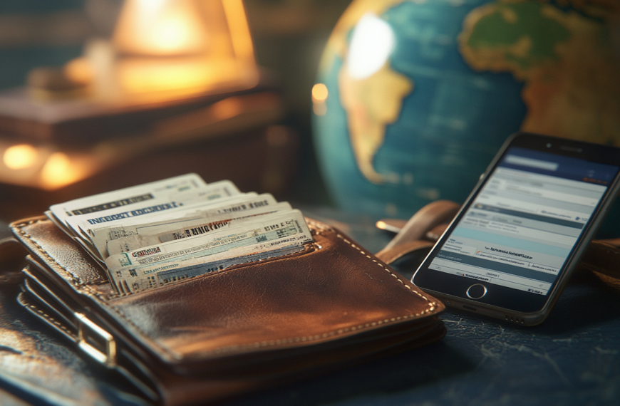 A leather wallet filled with various currency notes is placed on a table next to a smartphone displaying a website. In the background, there is a globe and a softly lit lamp, creating a warm and cozy atmosphere.