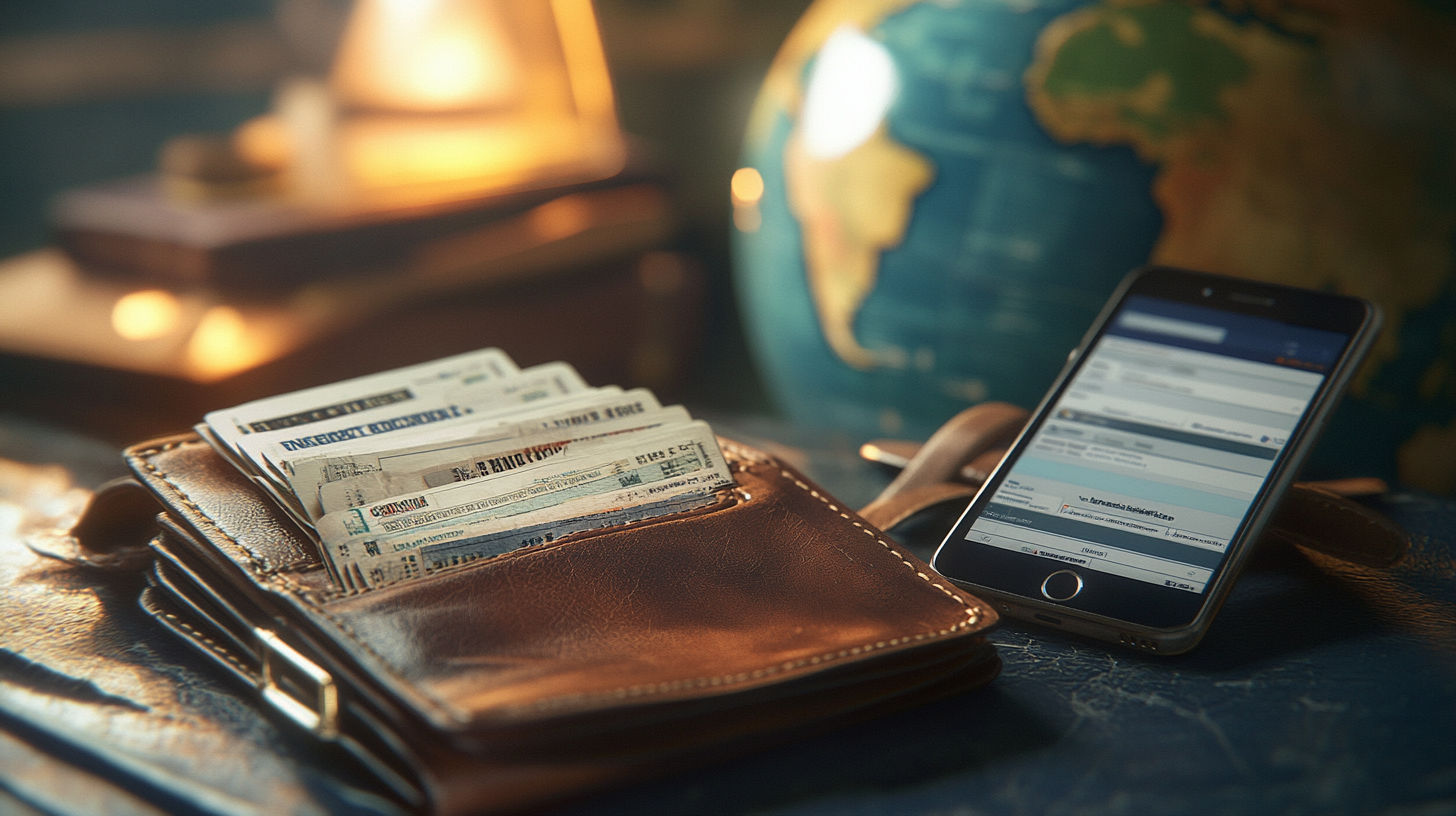 A leather wallet filled with various currency notes is placed on a table next to a smartphone displaying a website. In the background, there is a globe and a softly lit lamp, creating a warm and cozy atmosphere.