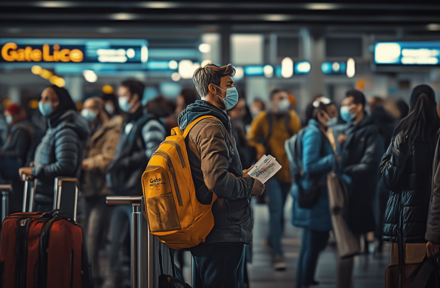A crowded airport terminal with people wearing face masks. A person in the foreground is holding travel documents and wearing a yellow backpack. There are signs for gates in the background, and several people are standing with luggage.