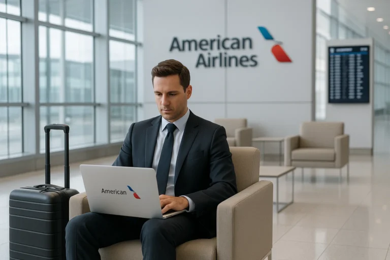 A photorealistic, modern airport lounge setting, brightly lit with neutral white light reflecting off glass walls and polished flooring. In the foreground, a sharply dressed business traveler—mid-30s, wearing a tailored suit—sits comfortably, focused on a sleek laptop emblazoned with the American Airlines logo. Next to the traveler, a chic, rolling carry-on features a visible frequent flyer tag. In the middle background, a glossy American Airlines sign is mounted on a wall, subtly updated with contemporary design cues, suggesting a refreshed corporate identity. Clean digital departure boards and minimalist lounge furniture enhance the sense of innovation and sophistication. The scene is uncluttered, with all elements rendered in crisp, photographic detail—no blue or red tint, and no text in frame except for branded logos and subtle signage.
