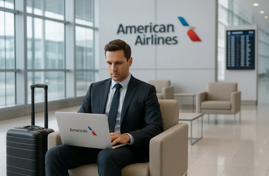 A photorealistic, modern airport lounge setting, brightly lit with neutral white light reflecting off glass walls and polished flooring. In the foreground, a sharply dressed business traveler—mid-30s, wearing a tailored suit—sits comfortably, focused on a sleek laptop emblazoned with the American Airlines logo. Next to the traveler, a chic, rolling carry-on features a visible frequent flyer tag. In the middle background, a glossy American Airlines sign is mounted on a wall, subtly updated with contemporary design cues, suggesting a refreshed corporate identity. Clean digital departure boards and minimalist lounge furniture enhance the sense of innovation and sophistication. The scene is uncluttered, with all elements rendered in crisp, photographic detail—no blue or red tint, and no text in frame except for branded logos and subtle signage.