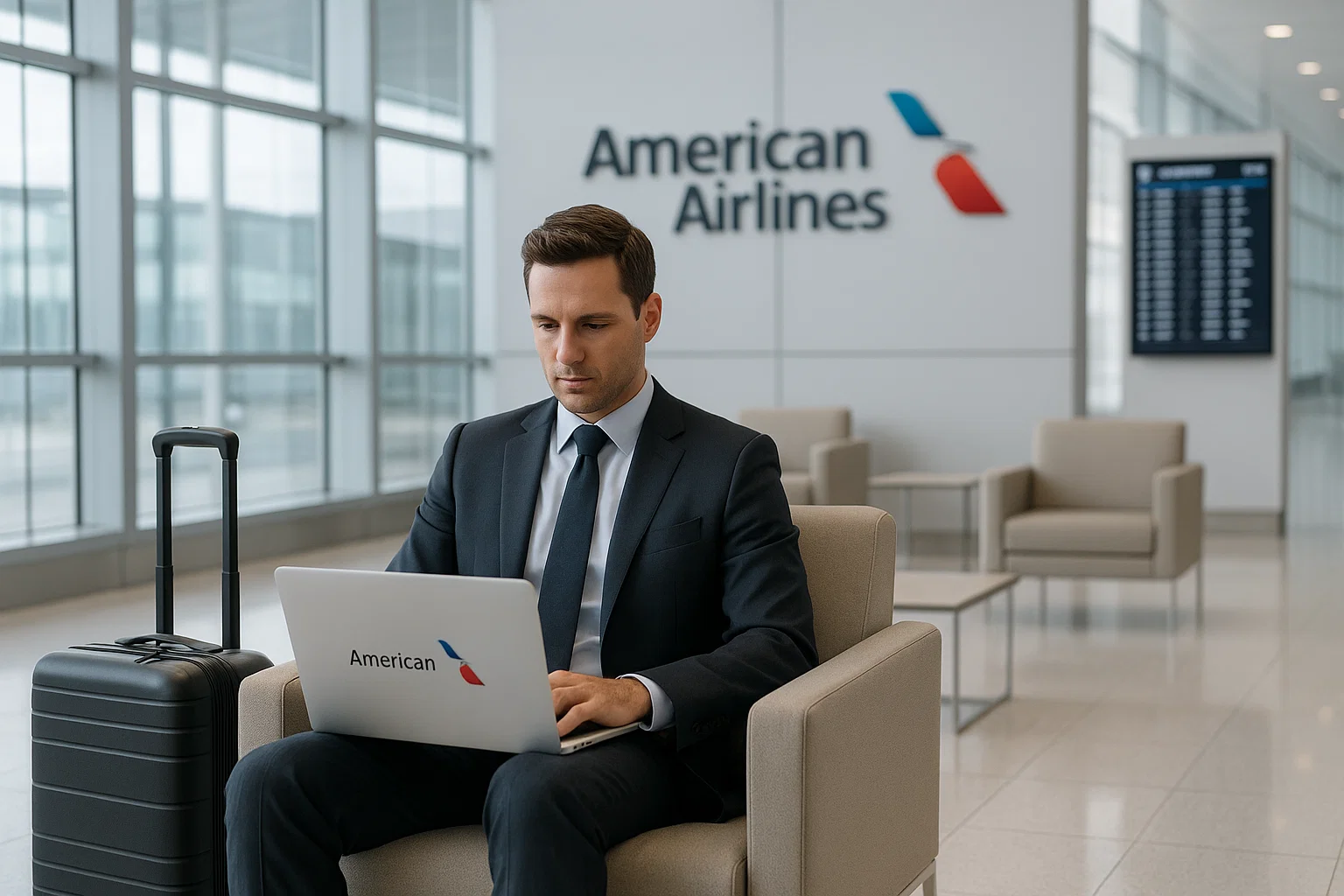 A photorealistic, modern airport lounge setting, brightly lit with neutral white light reflecting off glass walls and polished flooring. In the foreground, a sharply dressed business traveler—mid-30s, wearing a tailored suit—sits comfortably, focused on a sleek laptop emblazoned with the American Airlines logo. Next to the traveler, a chic, rolling carry-on features a visible frequent flyer tag. In the middle background, a glossy American Airlines sign is mounted on a wall, subtly updated with contemporary design cues, suggesting a refreshed corporate identity. Clean digital departure boards and minimalist lounge furniture enhance the sense of innovation and sophistication. The scene is uncluttered, with all elements rendered in crisp, photographic detail—no blue or red tint, and no text in frame except for branded logos and subtle signage.
