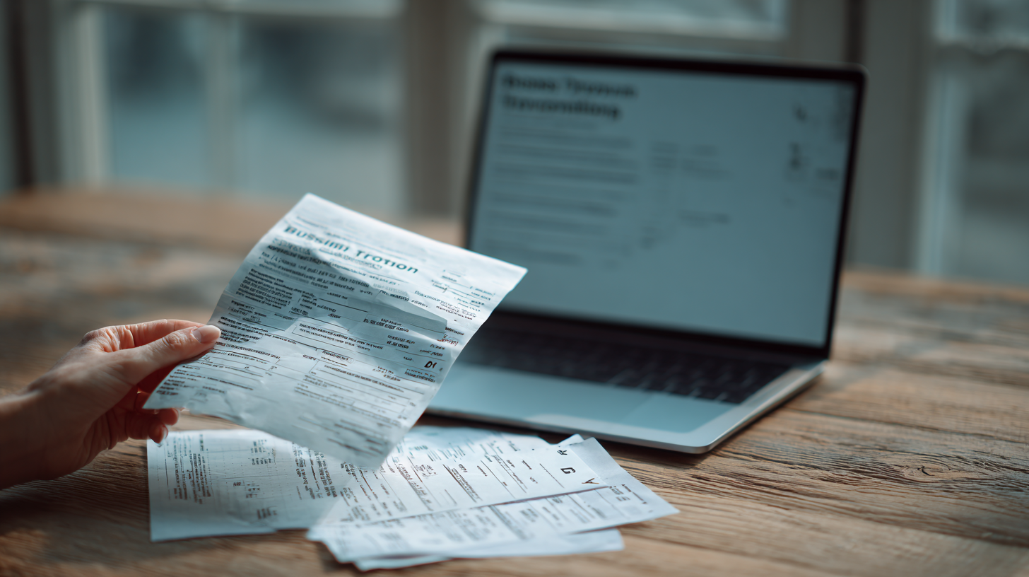 Photograph of a traveler at an airport desk reviewing receipts and notes for documenting business trip expenses.