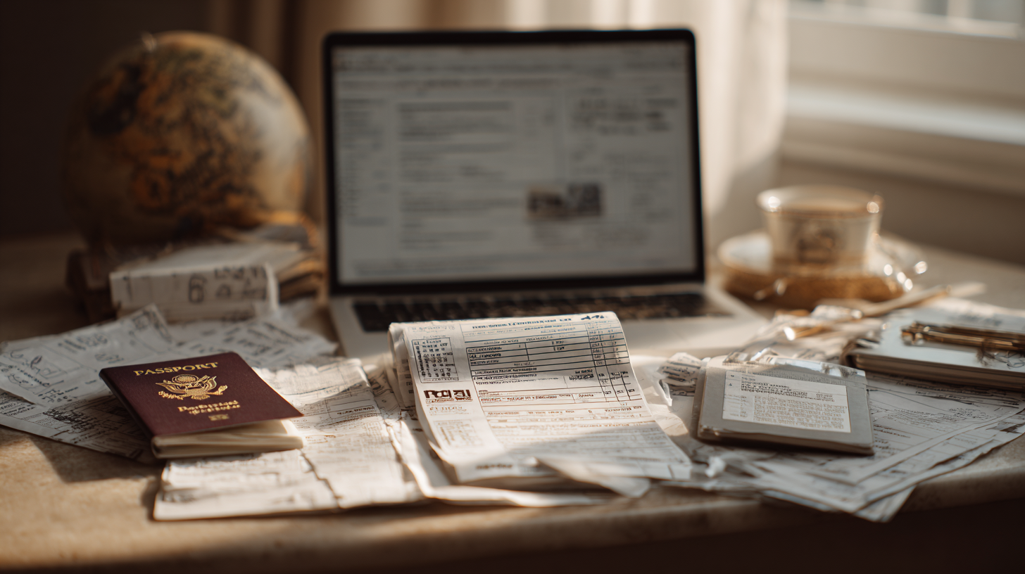 Photograph of a traveler at airport with laptop, receipts, and notebook documenting business trip expenses.