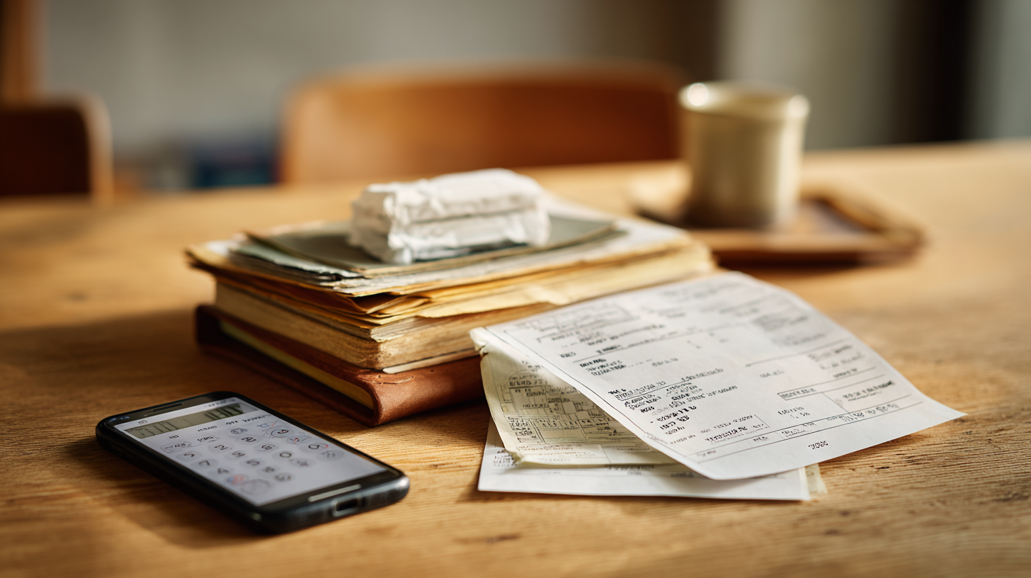 Overhead photo of a person calculating mileage with a notebook, receipt pile, and car keys on table.