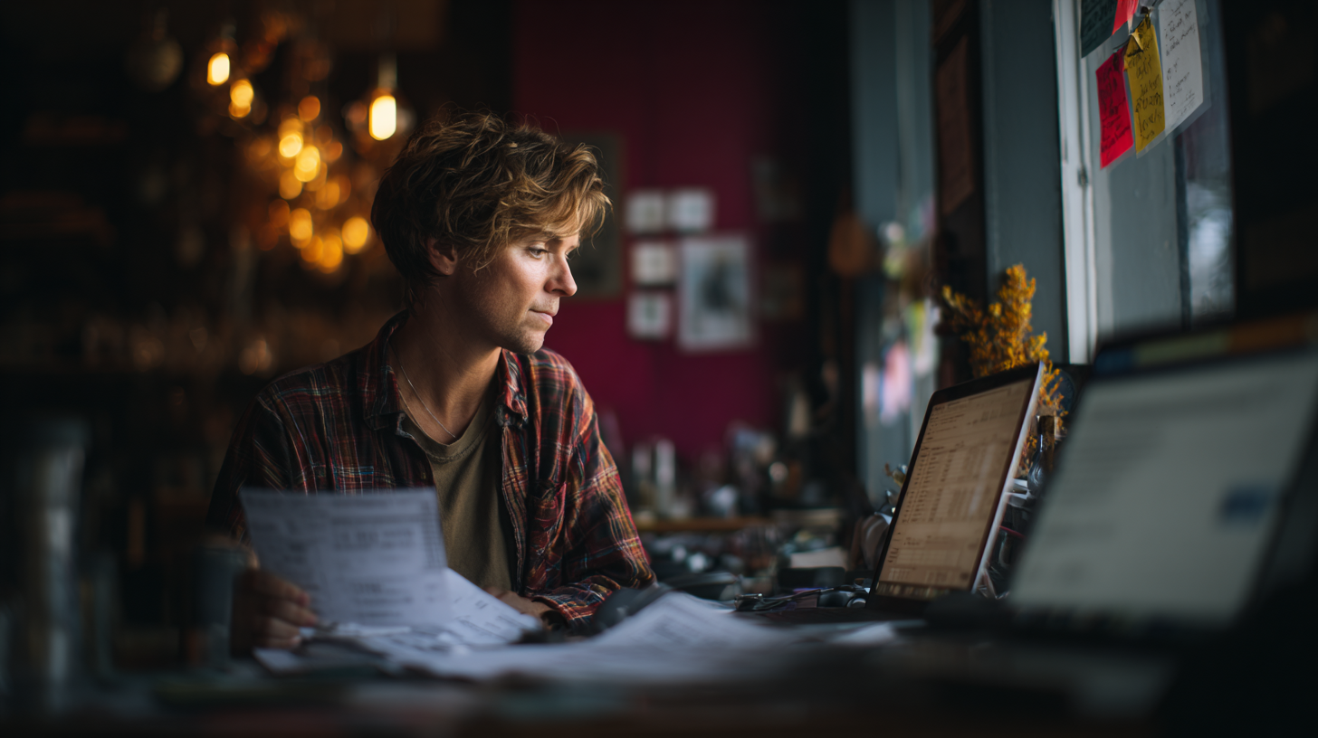 Photograph of a small-business owner reviewing travel receipts and mileage log with a worried expression at desk.