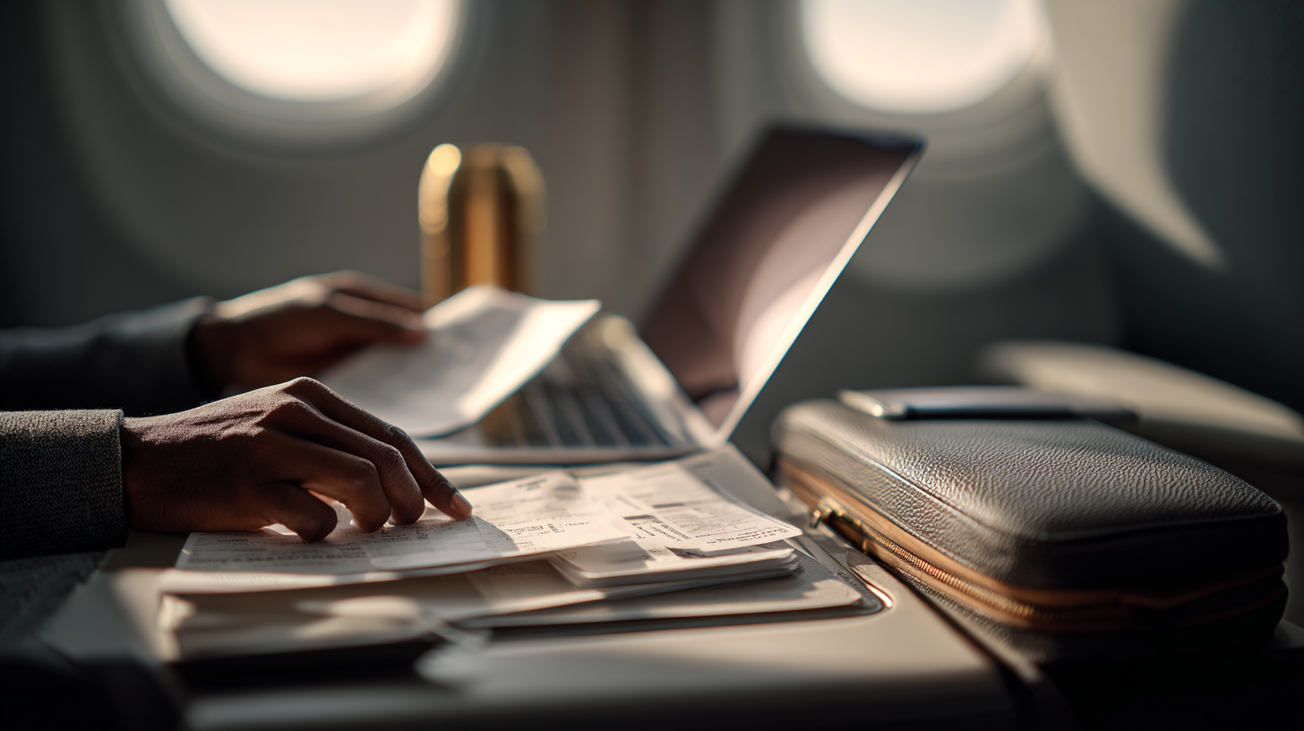 Traveler at airport terminal reviewing receipts and flight itinerary on laptop, preparing notes for tax-deductible trips.