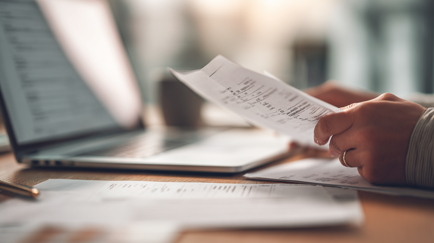Traveler reviewing receipts and laptop at hotel desk, organizing documentation for deductible business trip expenses.