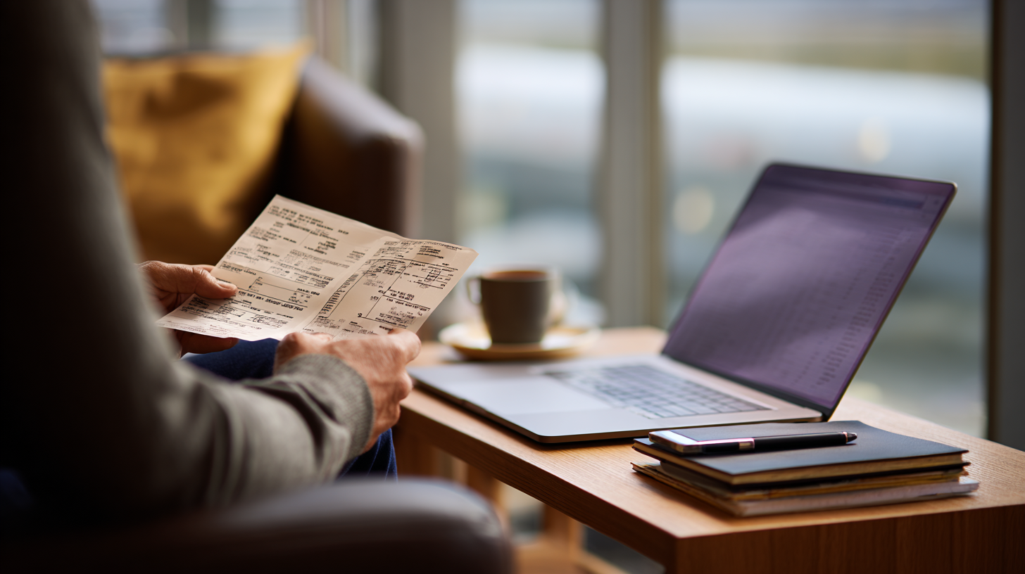 Traveler at airport terminal with suitcase and laptop, reviewing receipts and itinerary for business overnight travel deductions.