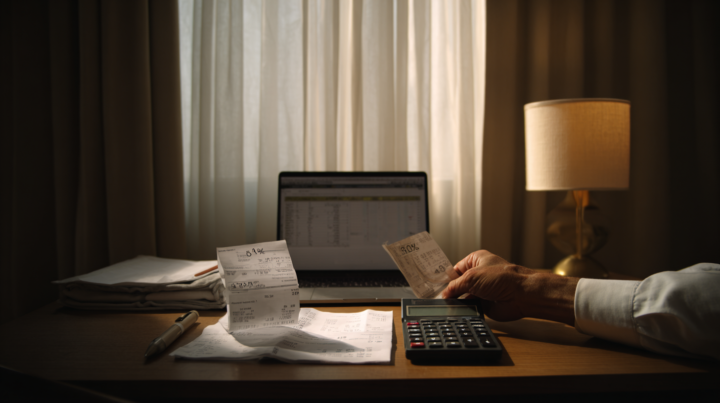 Photograph of a traveler in a hotel room reviewing receipts and a laptop to document overnight business expenses.