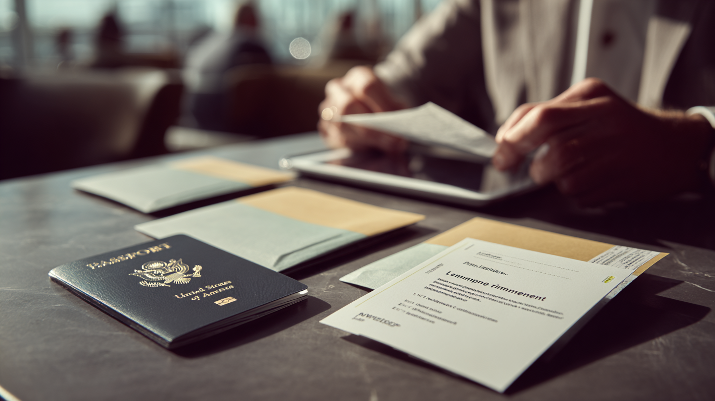 Traveler at airport laptop and boarding pass, sorting receipts and award-ticket itinerary against employer reimbursement forms.
