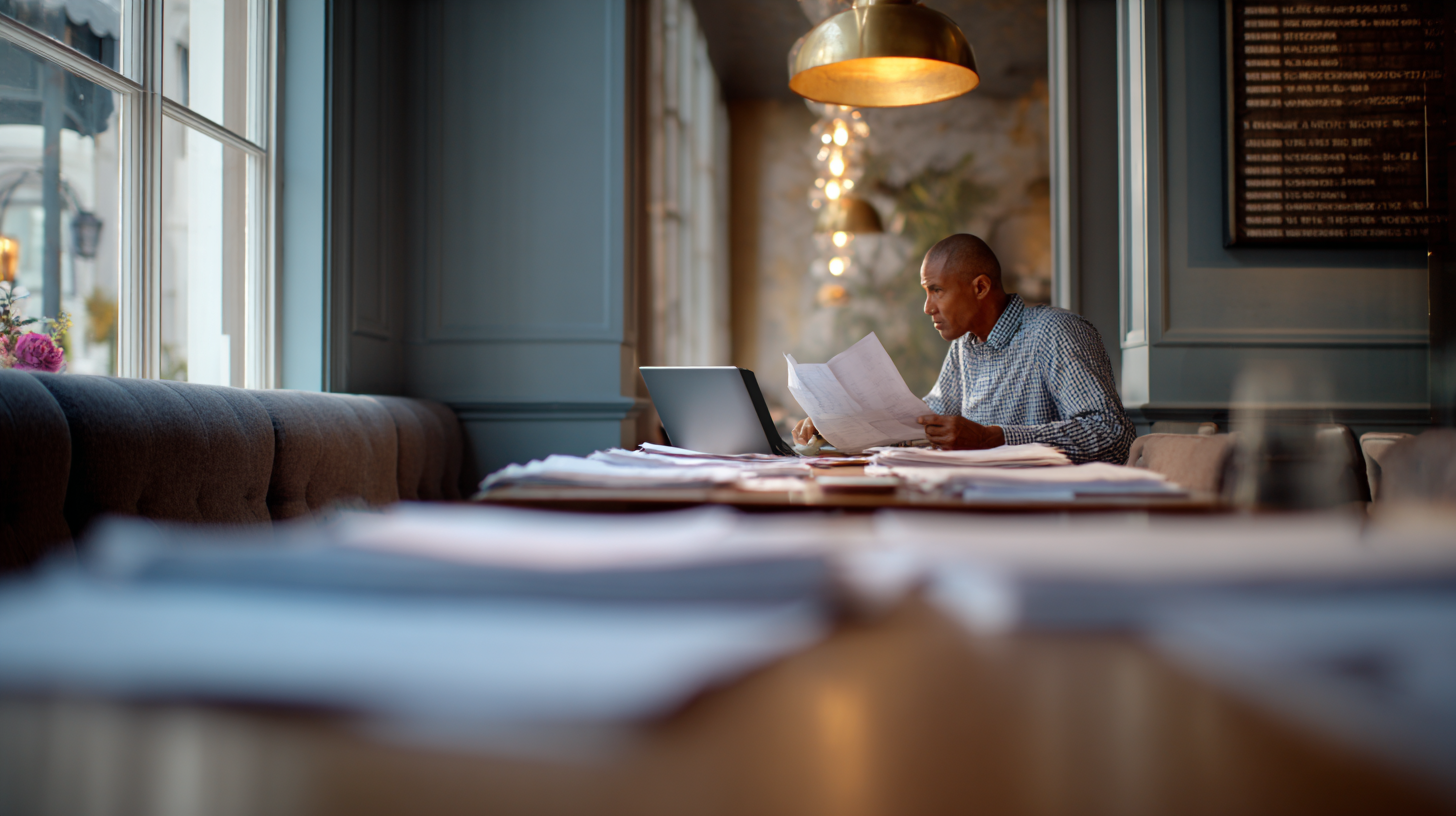 Business traveler sorting receipts and a mileage log beside a laptop, calendar, and boarding pass.
