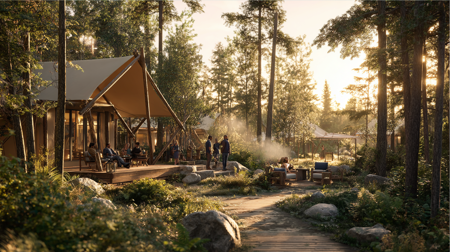A sunlit cabin porch overlooking forested hills, suitcase and hiking boots ready for a weekend escape.