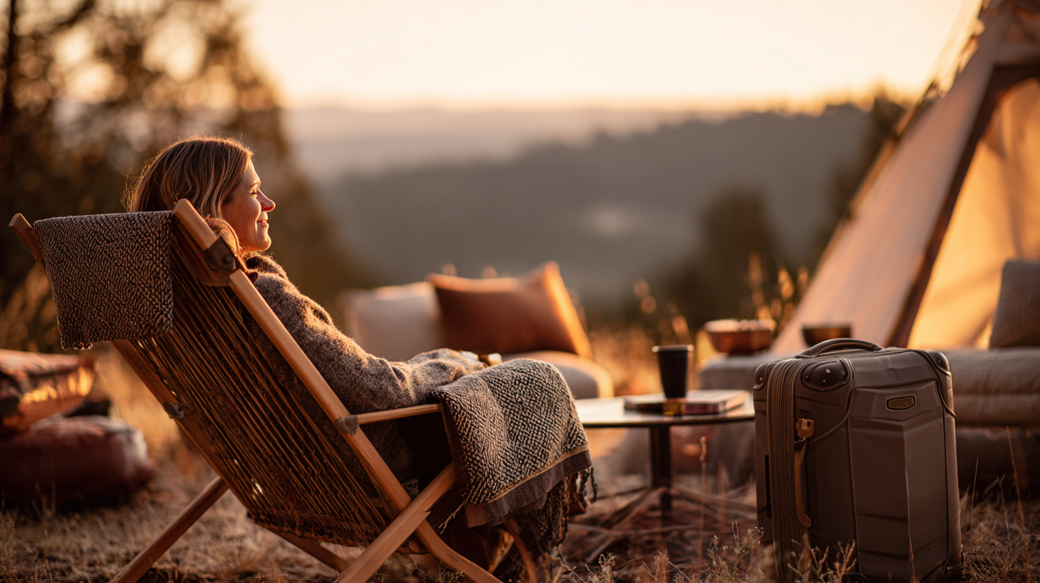 Traveler relaxing on cabin porch with suitcase nearby, forested view hinting at nature-forward weekend escape.