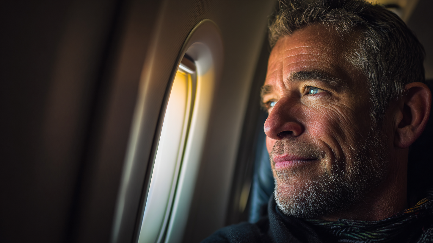 Business traveler relaxed in airplane seat streaming videos on a tablet, smiling with in-flight Wi‑Fi icon visible.