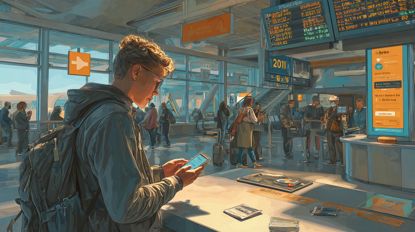 Close-up of a traveler reviewing airline miles balance on smartphone, passport and travel guide nearby on table.