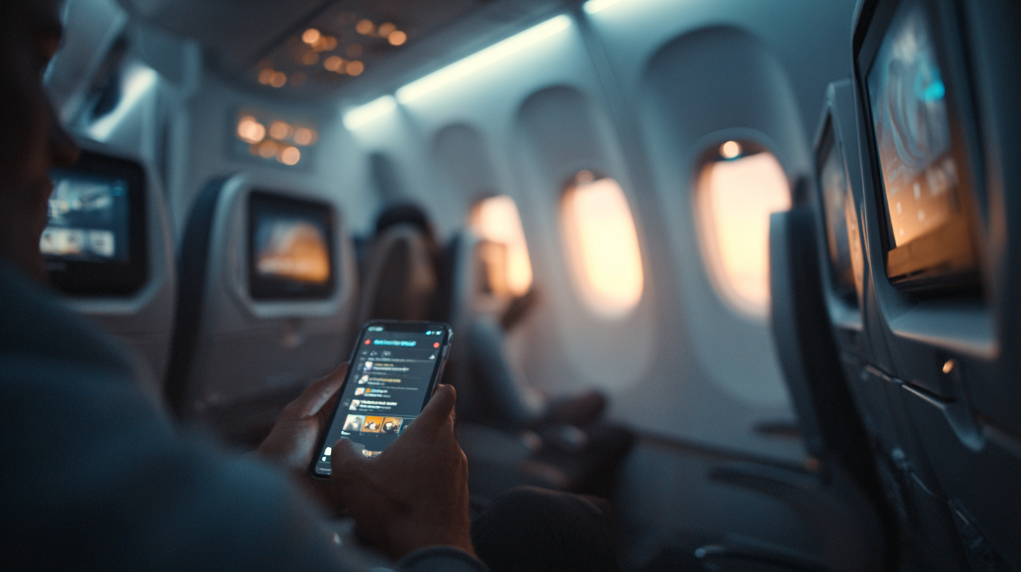 Passengers recline watching seatback screen showing YouTube UI, earbuds in, window daylight through cabin.